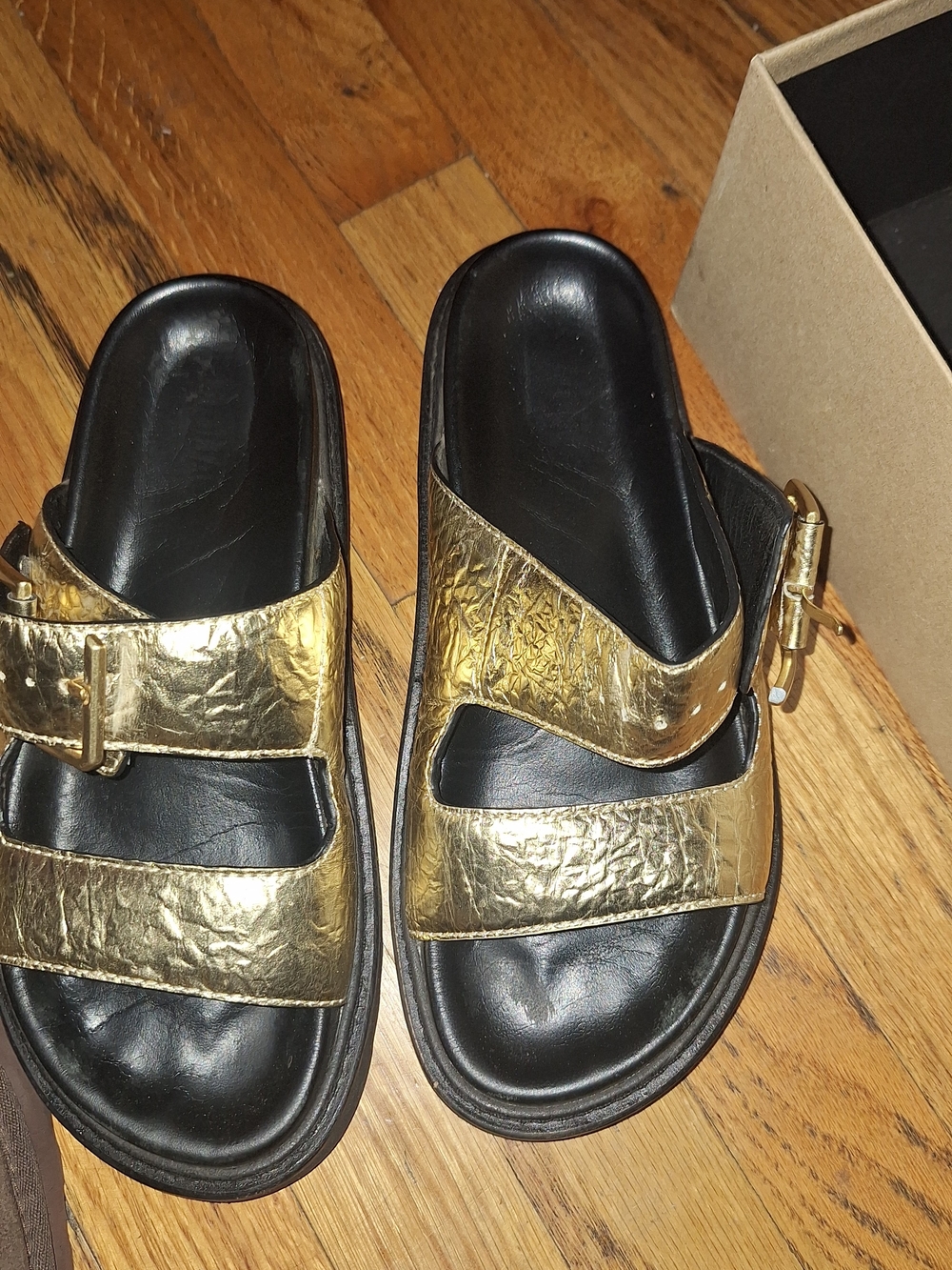 Women Metallic Gold Slide Sandals with Buckle